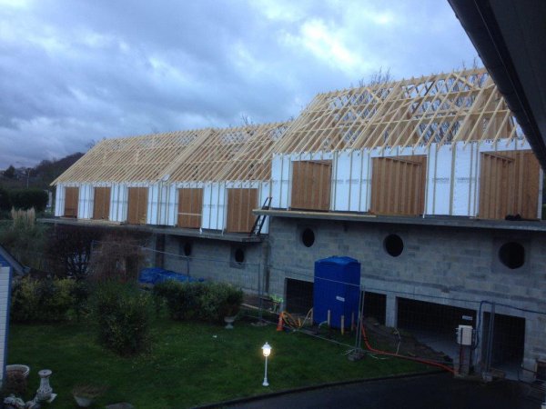 Motel des Bleuets à Honfleur, phase chantier ossature bois et charpente